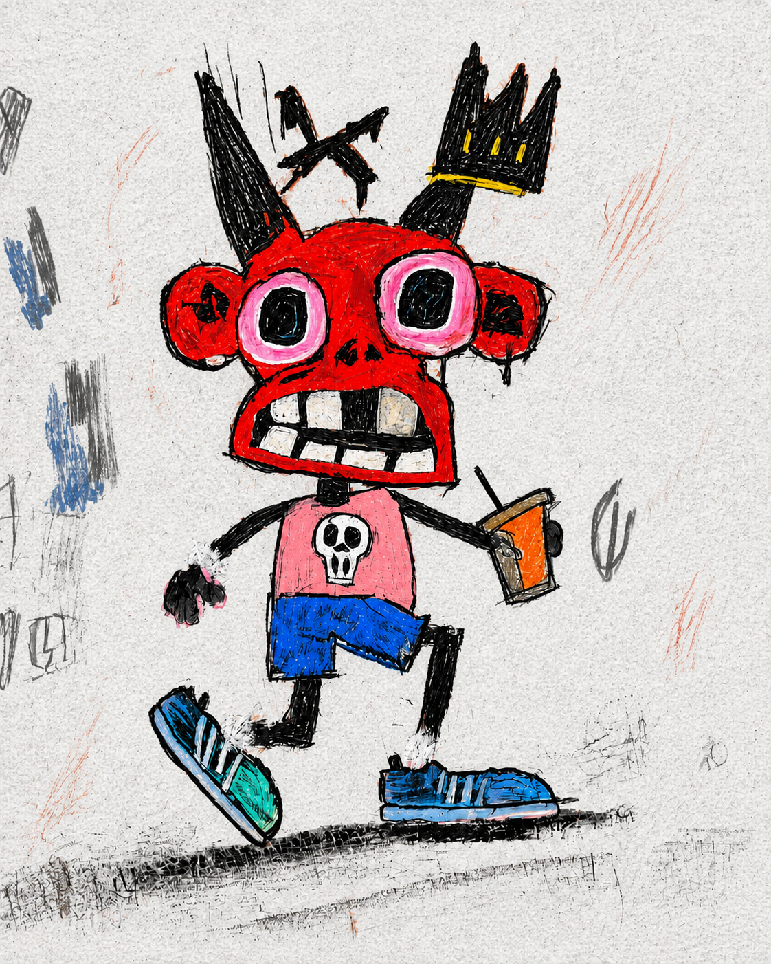 GREMBO walking with a drink in a rough colored-pencil drawing
